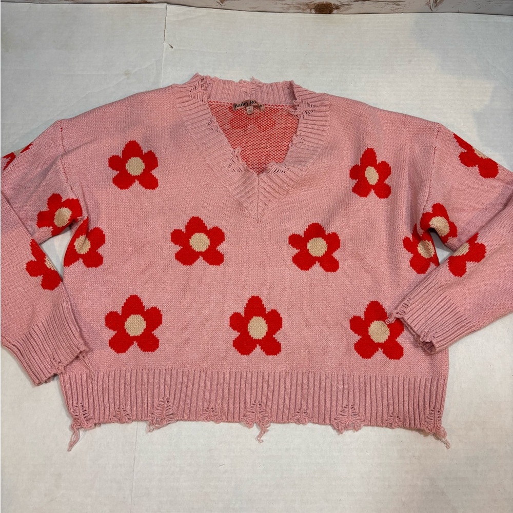 Floral V-Neck Sweater in Pink and Red
